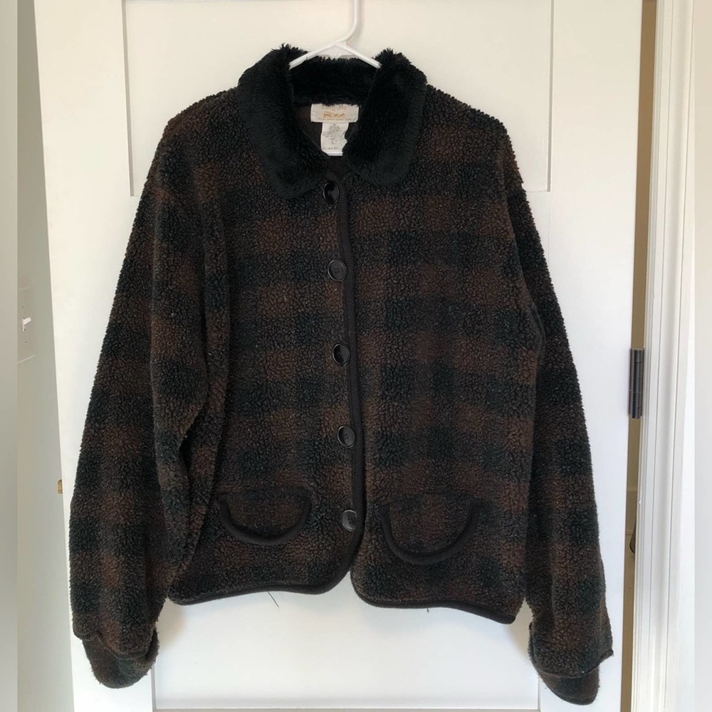 Vintage Chocolate Brown Plaid Shearling Teddy Jacket